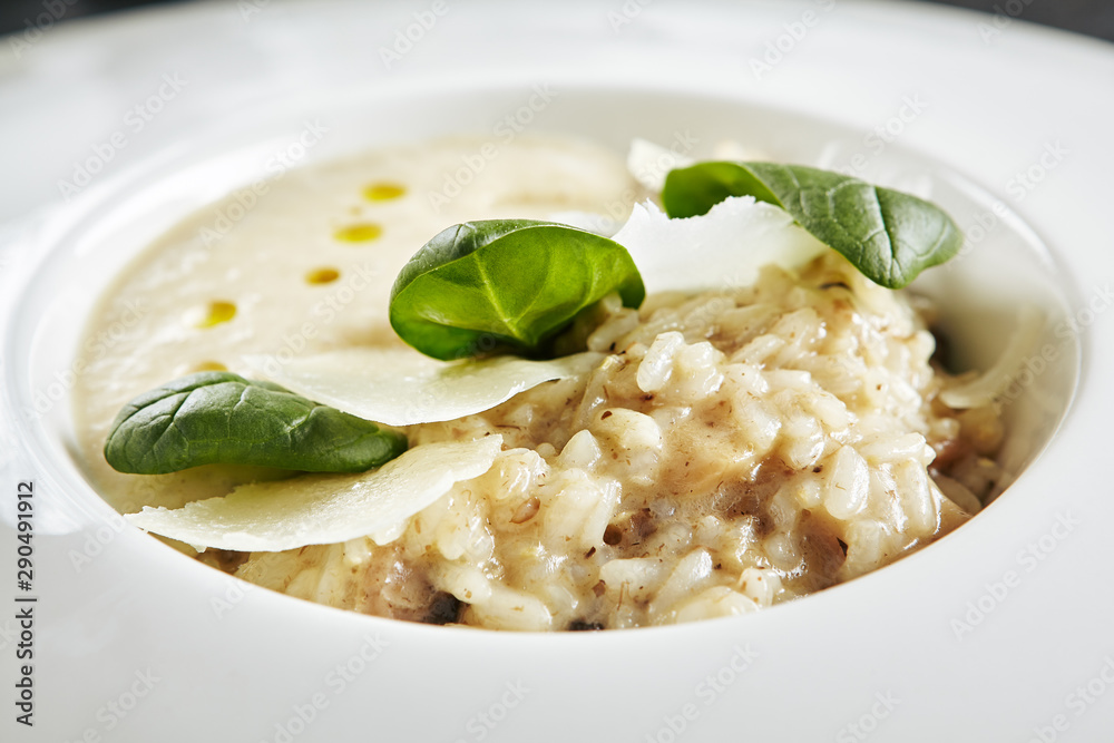 White Restaurant Plate of Risotto with Cep Mushroom Stew, Parmesan Cheese and Greens White Restaurant Plate of Risotto with Cep Mushroom Stew, Parmesan Cheese and Greens