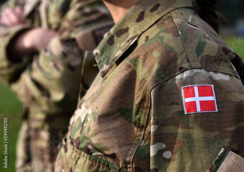Woman soldier. Woman in army. Flag of Denmark on soldiers arm. Denmark military uniform. Danish troops