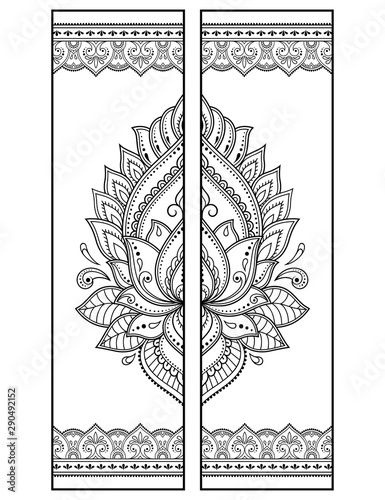 Printable bookmark  - coloring. Set of black and white labels with lotus flower patterns, hand draw in mehndi style. Sketch of ornaments for creativity of children and adults with colored pencils.