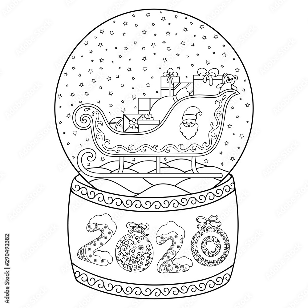 Toy glass snow globe with Santa sleigh. Lettering number 2020 ...