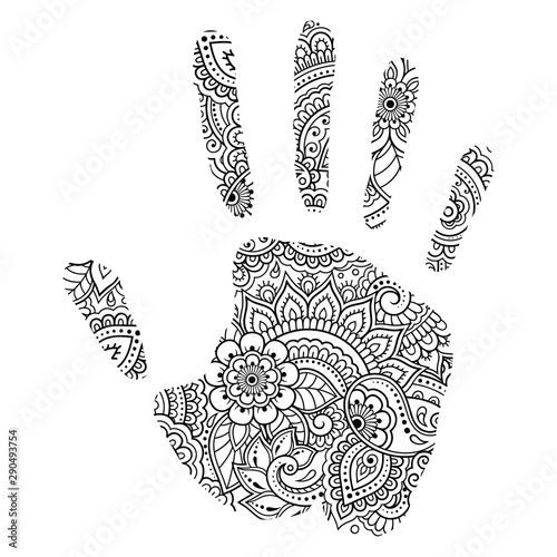 Palm print made of flowers in mehndi style. Hand with Oriental pattern. Coloring book page. Outline hand-draw vector illustration.