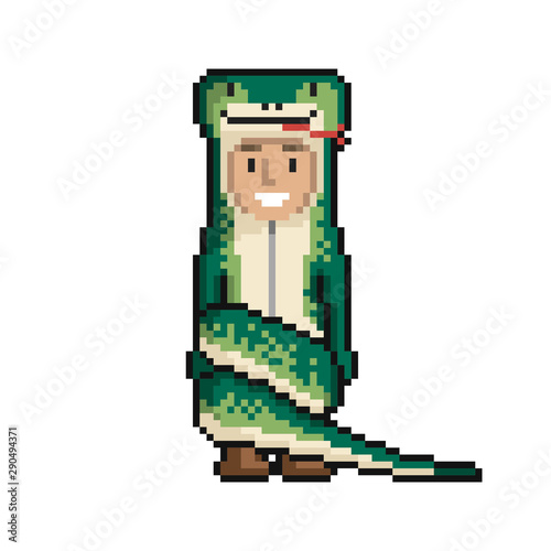 Сute cartoon kid in snake costume. Pixel art on white background. Vector illustration.