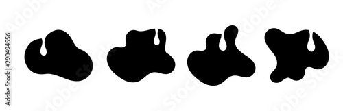Set of black cow spots with milk drops. Rough doodle style vector illustration applicable for logo and package design.