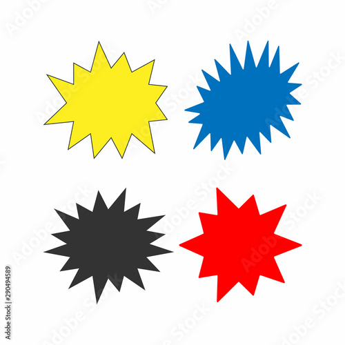 Set of colored starbursts. Collection of isolated vector illustration. Yellow, black, blue, red.