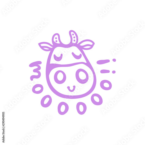 Vector illustration, line cartoon smiling violet cow face. Hand drawn, isolated. With "MOO!!" lettering. Applicable for package, poster, label designs, banners, flyers etc.