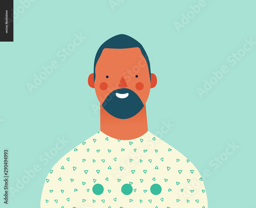Bright people portrait - hand drawn flat style vector design concept illustration of young brunette bearded man, face and shoulders avatar. Flat style vector icon