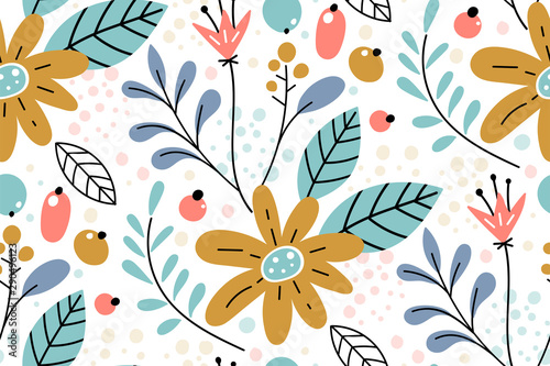 Seamless pattern with creative decorative flowers in scandinavian style.