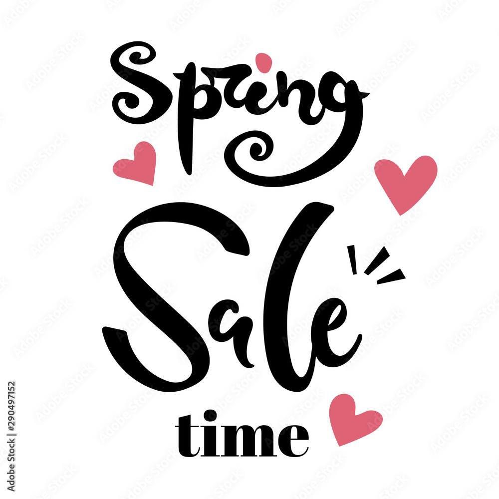 Vector, illustration, spring sale time black lettering with red hearts. Isolated on a white background. Vector, illustration, spring sale time black lettering with red hearts. Isolated on a white background.