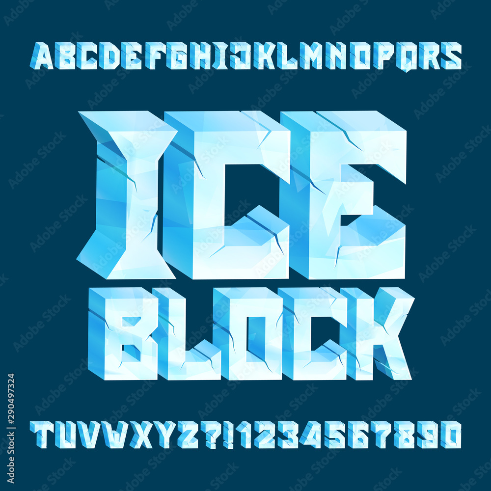 Ice Block alphabet font. 3D ice cracked letters and numbers. Stock vector typeface for your typography design.