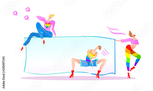 Vector colorful illustration, trendy gay men on heels with an empty table for your text. Flat cartoon style, isolated. Applicable for LGBT (LGBTQ), transgender rights concepts, flyers, brochures, etc.