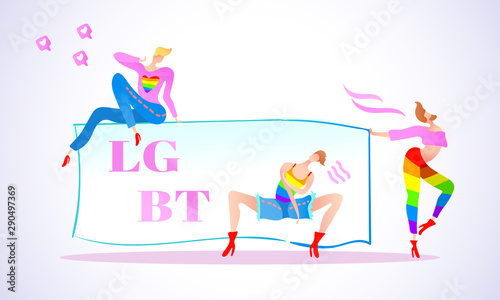 Vector colorful illustration, trendy gay men on heels with table and LGBT text. Flat cartoon style, isolated. Applicable for LGBT, transgender rights concepts etc.