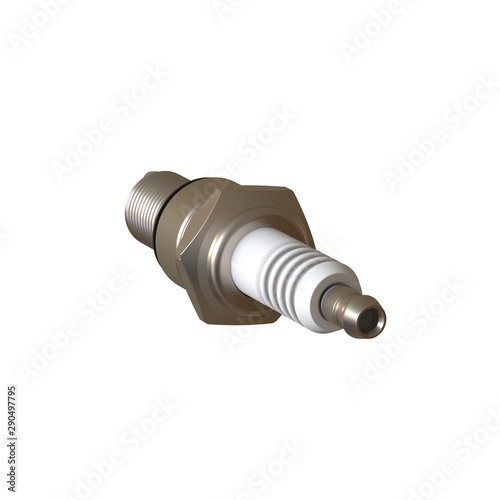 car spark plug used for ignition, Spark plug after use, isolate on white background, made form steel, ceramic, aluminum. 3D rendering of excellent quality in high resolution
