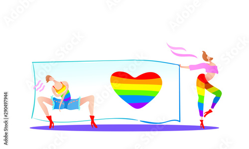 Vector colorful illustration, trendy gay men on heels with a poster and a rainbow heart. Flat cartoon style, isolated. Applicable for LGBT (LGBTQ), transgender rights concepts etc.