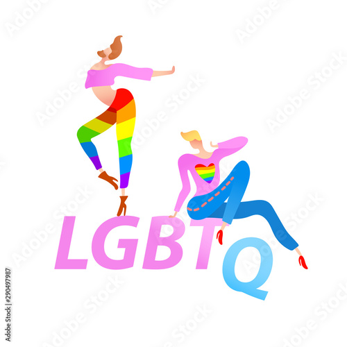 Vector colorful illustration, trendy gay men on heels with LGBTQ text. Flat cartoon style, isolated. Applicable for LGBT, transgender rights concepts, logos, flyers, etc.