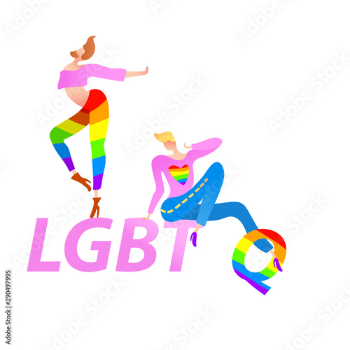 Vector colorful illustration, trendy gay men on heels with LGBTQ text. Flat cartoon style, isolated. Applicable for LGBT, transgender rights concepts, logos, flyers, etc.
