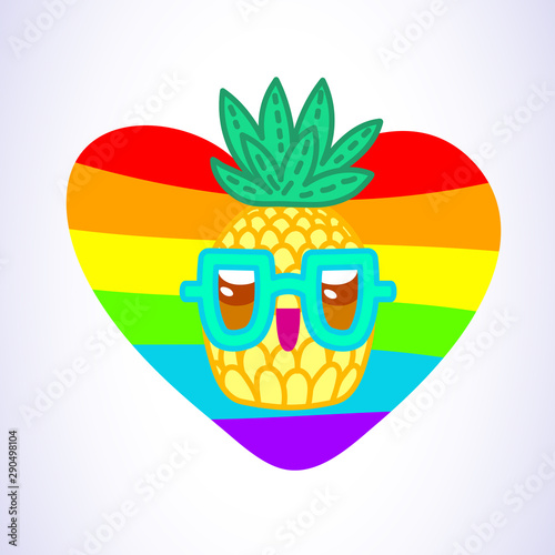 Vector illustration, funny pineapple character with glasses. LGBT flag heart. Line cartoon style. Applicable for t-shirts prints, greeting cards, Saint Valentine’s day posters, flyers etc.