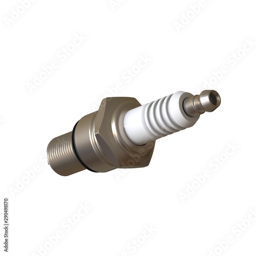 car spark plug used for ignition, Spark plug after use, isolate on white background, made form steel, ceramic, aluminum. 3D rendering of excellent quality in high resolution