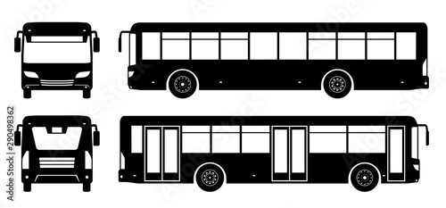 City bus silhouette on white background. Vehicle icons set view from side, front, and back
