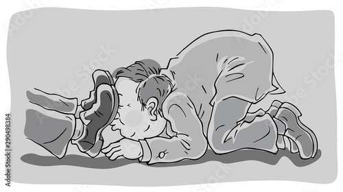 Toady creeping and licking boots of his boss, vector illustration in a cartoon style photo