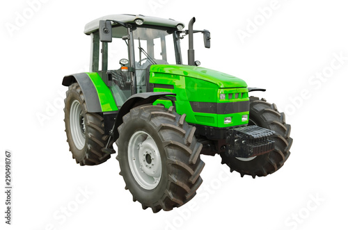 Green agricultural tractor isolated on a white background