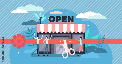 Open business vector illustration. Tiny commerce beginning persons concept.