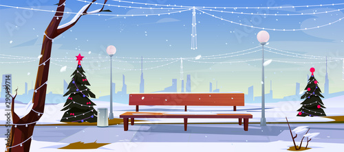 Christmas in city park, empty public garden with decorated fir-trees, bench and lighting garlands. Winter time cityview landscape, Urban place for walking and recreation Cartoon vector illustration