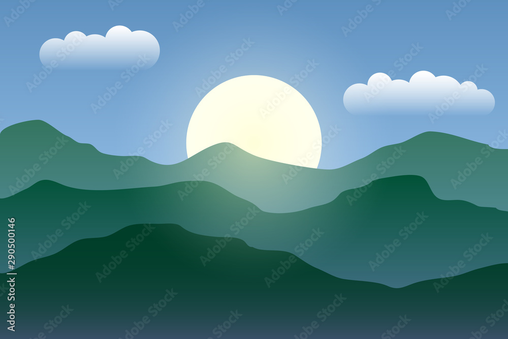 Illustration of the sunrise in the mountains. Misty landscape.