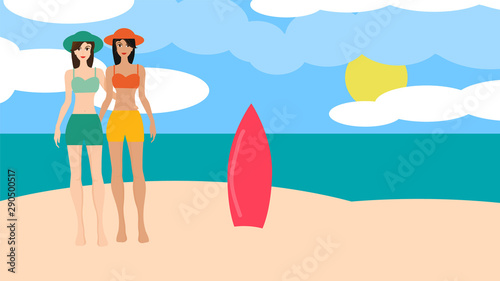 beach, sea, summer, ocean, water, sand, sky, tropical, woman, blue, illustration, sun, travel, vacation, island, holiday, coast, nature, sunny, landscape, hot, relax, beautiful, young, relaxation
