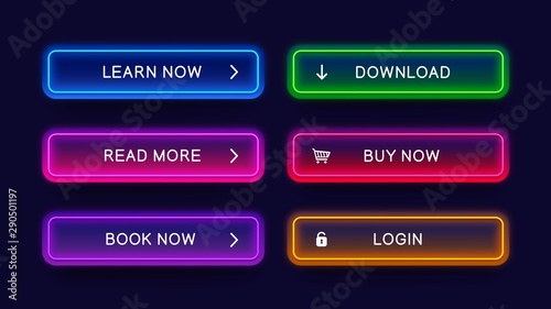 Trendy, glow, neon buttons for web design. Abstract, vector, neon buttons isolated on dark background. Ready web concept element for website.