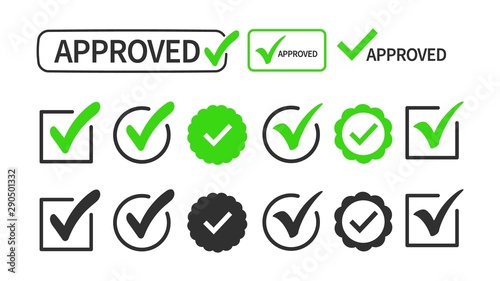 Checkmark or tick mark collection set isolated on white background. Sign - Approval, choice, selection, acceptance, right, correct, positive answer, true option.