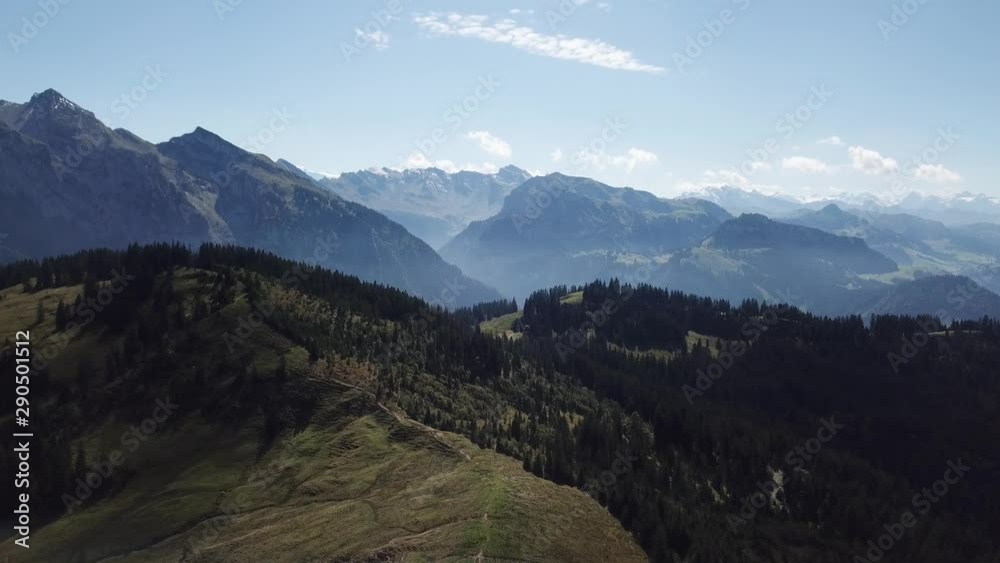 A fly back of the area around sattelegg and the mountains, Chli Aubrig and Gross Aubrig in Switzerland.