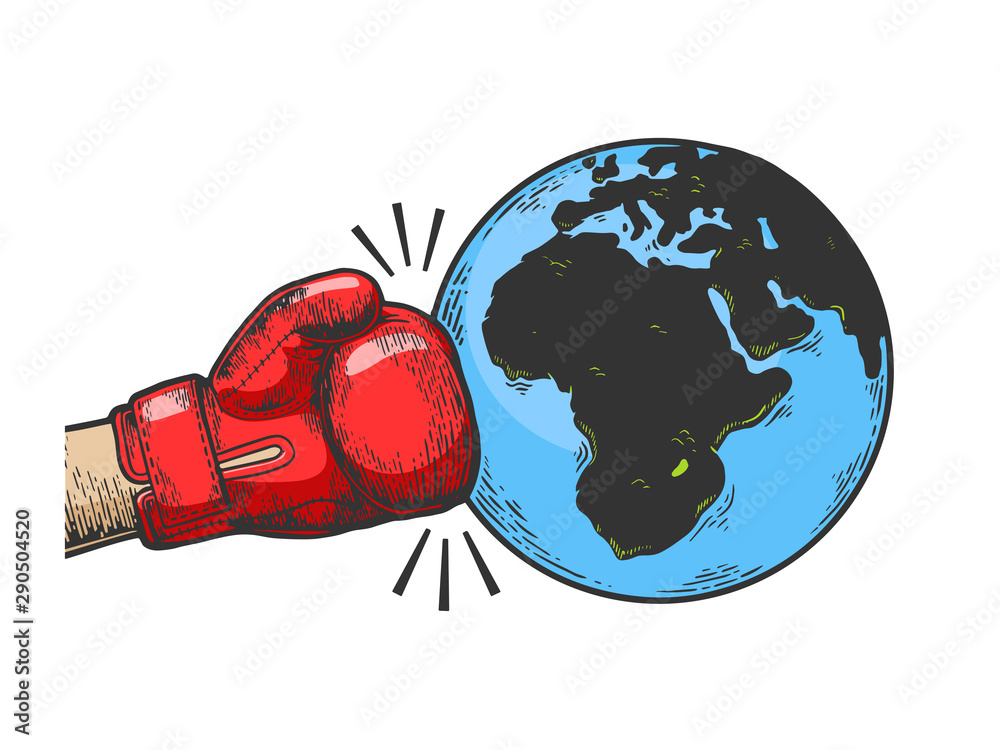 Hand in boxing glove hits Earth engraving vector illustration