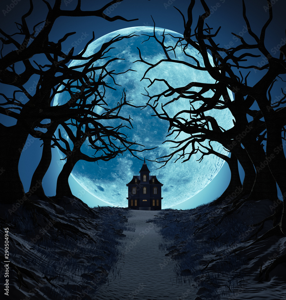 Lonely House and Dark Trees against Big Blue Moon. Halloween Concept. 3D illustration