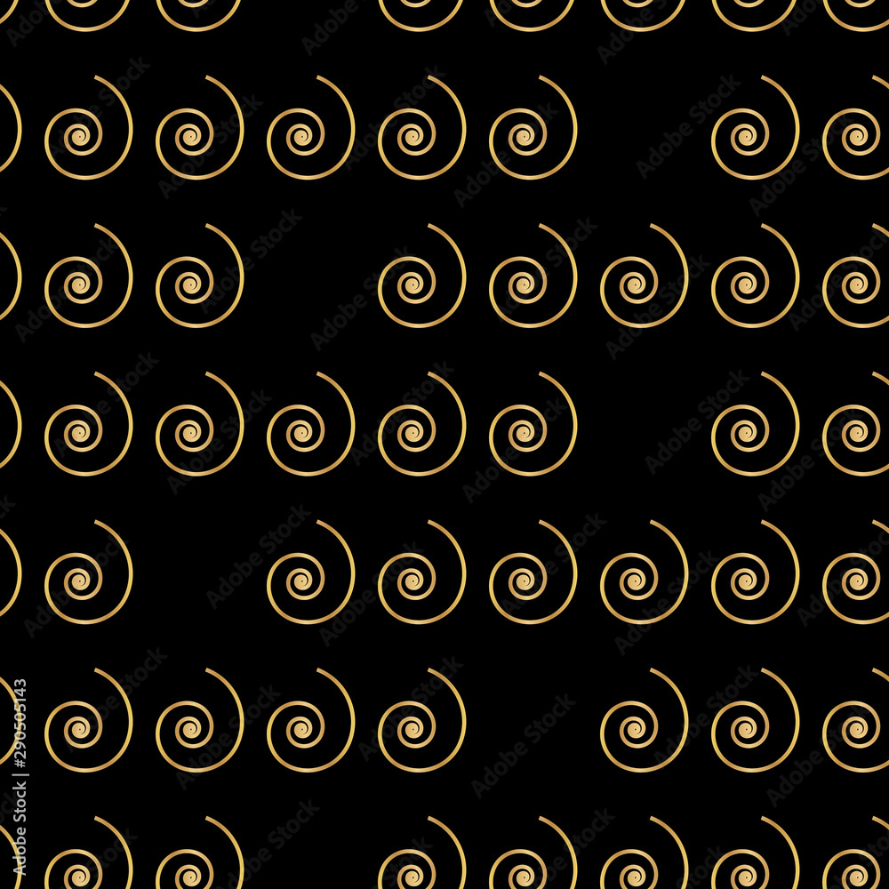 Seamless trendy pattern with golden spirals on black. Background can be printed on textile, wallpaper, wrapping paper, greeting cards, etc. Vector illustration. EPS10