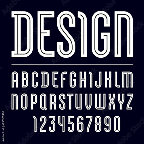 Trendy font, bright modern alphabet, uppercase letters and numbers