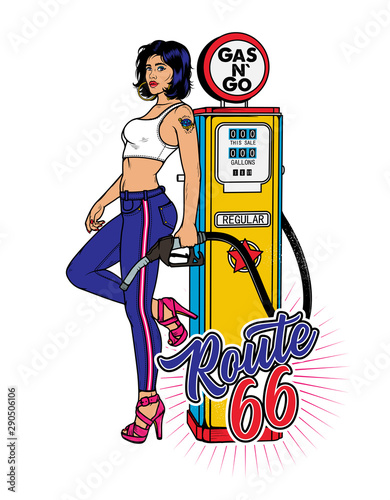 Vintage Gas Pump Pin-Up Girl. Pin-Up Girl on Gas Station.