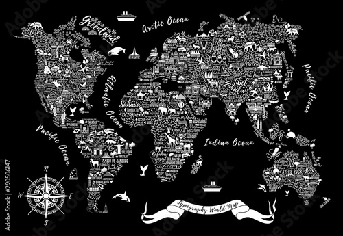 Typography World Map. Travel Poster with cities and sightseeing attractions.