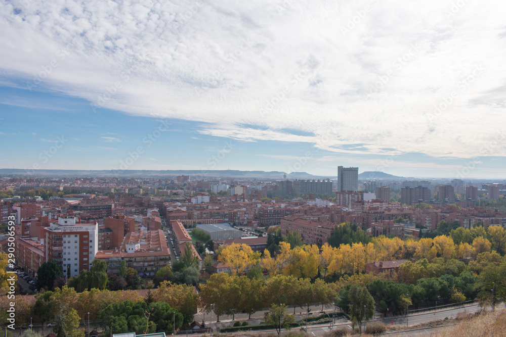 Panoramic view of the city of Valladolid in Spain from the top of a nearby hill