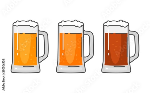 Glass with different types beer - lager, ale, stout. Vintage vector flat illustration