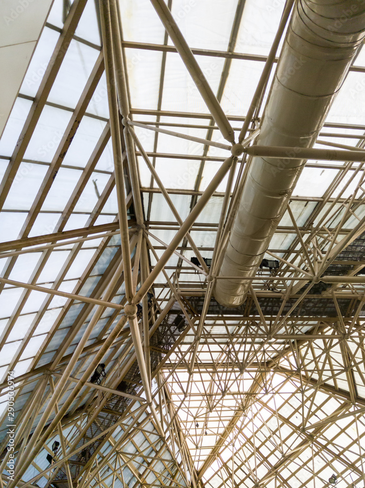 Complex truss frame of the ceiling on the top of the shopping mall.