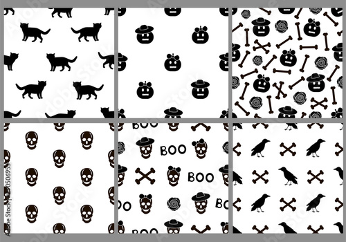 Halloween creative seamless patterns. Black and white backgrounds.