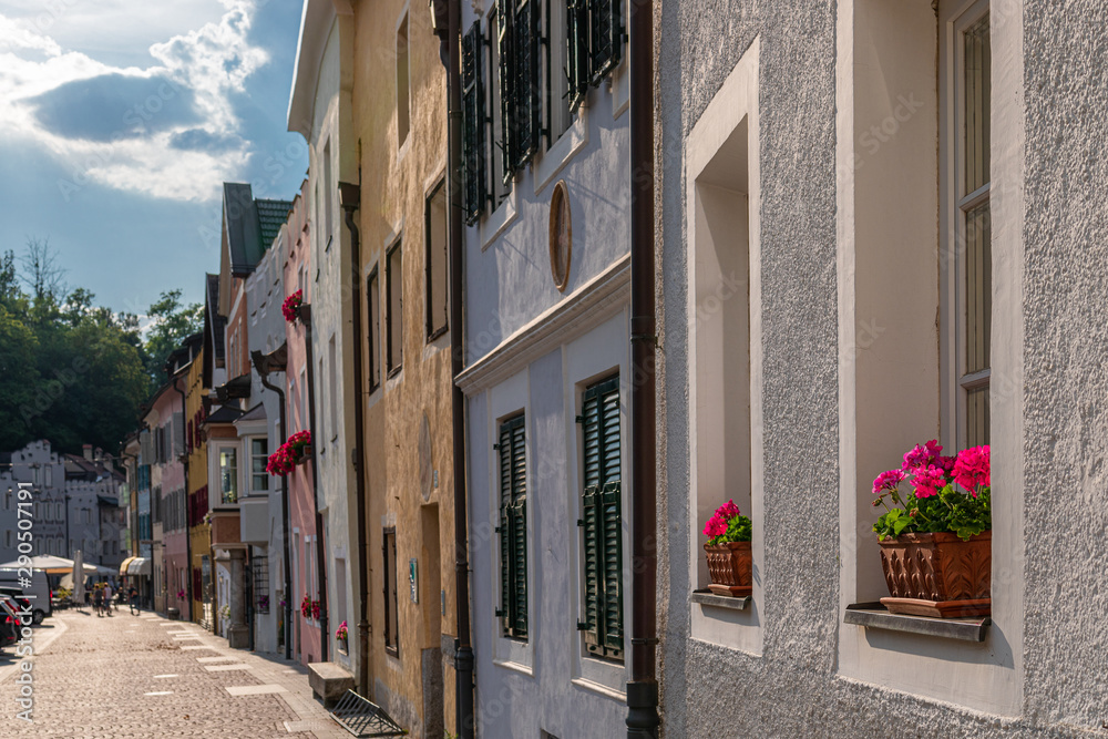View of the central street of the picturesque Alpine town Bruneck (Brunico) Trentino-Alto Adige, Italy