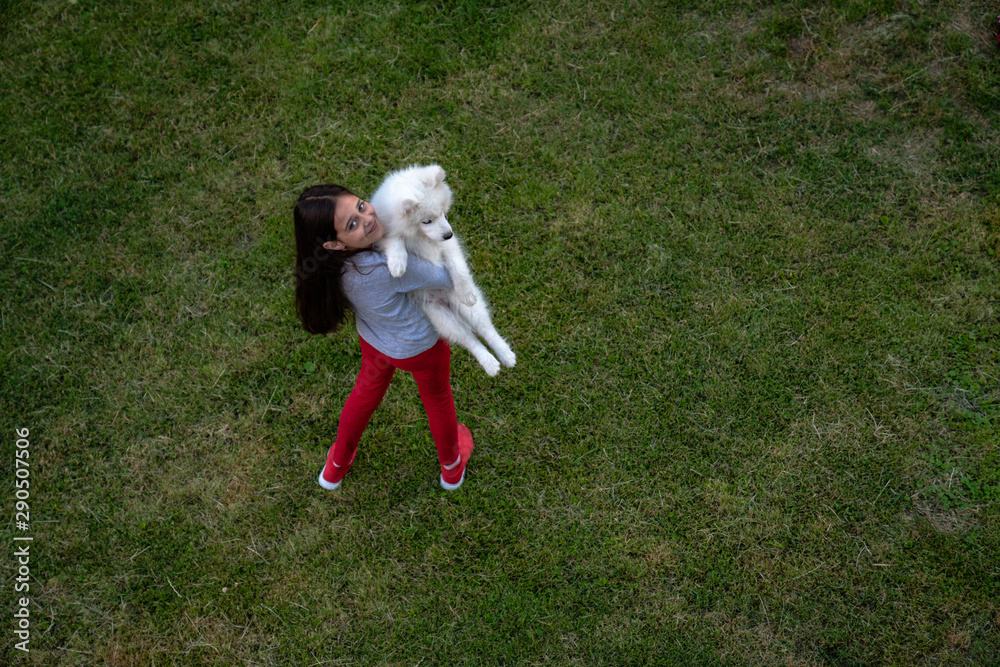 Little beautiful cute girl in casual clothes holding white samoyed puppy in hands, green grass around, summer time