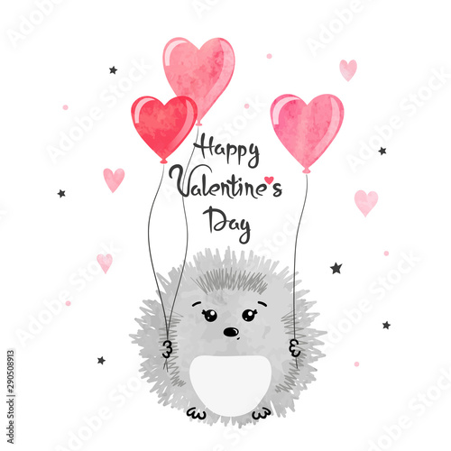 Valentines day card with cute watercolor hedgehogs in love with heart balloon.