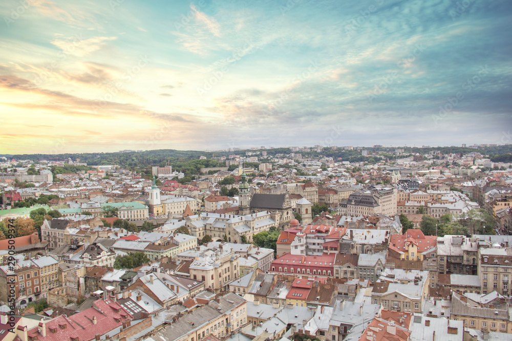 Fototapeta premium Beautiful view of the Dominican Cathedral, the Assumption Church and the historic center of Lviv, Ukraine, on a sunny day