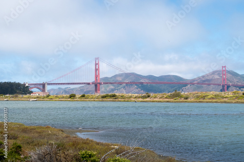 Distant view of the iconic Golden Gate bridge in San Francisco, California, USA.