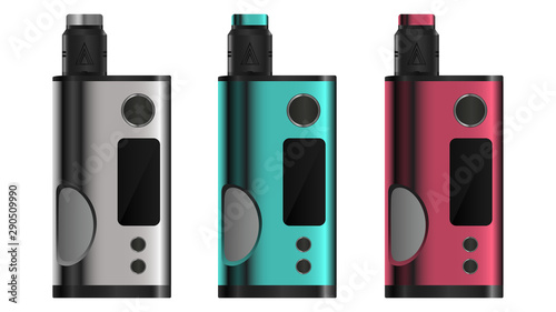 Realistic electronic cigarette concept. Colorful squonk box mod and dripping atomizer. 3 color options. 