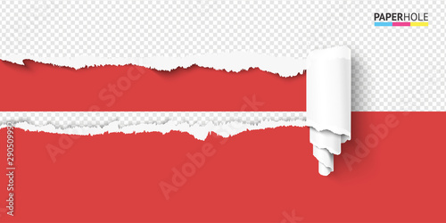 Vector Torn paper empty hole with bent rip edge scroll on halfed transparent background.