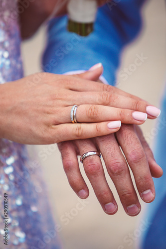 Wedding couple hands with rings. Marriage concept.