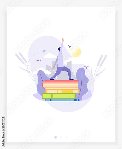 Flat vector illustration of a guy flexing muscles, physical and moral training.